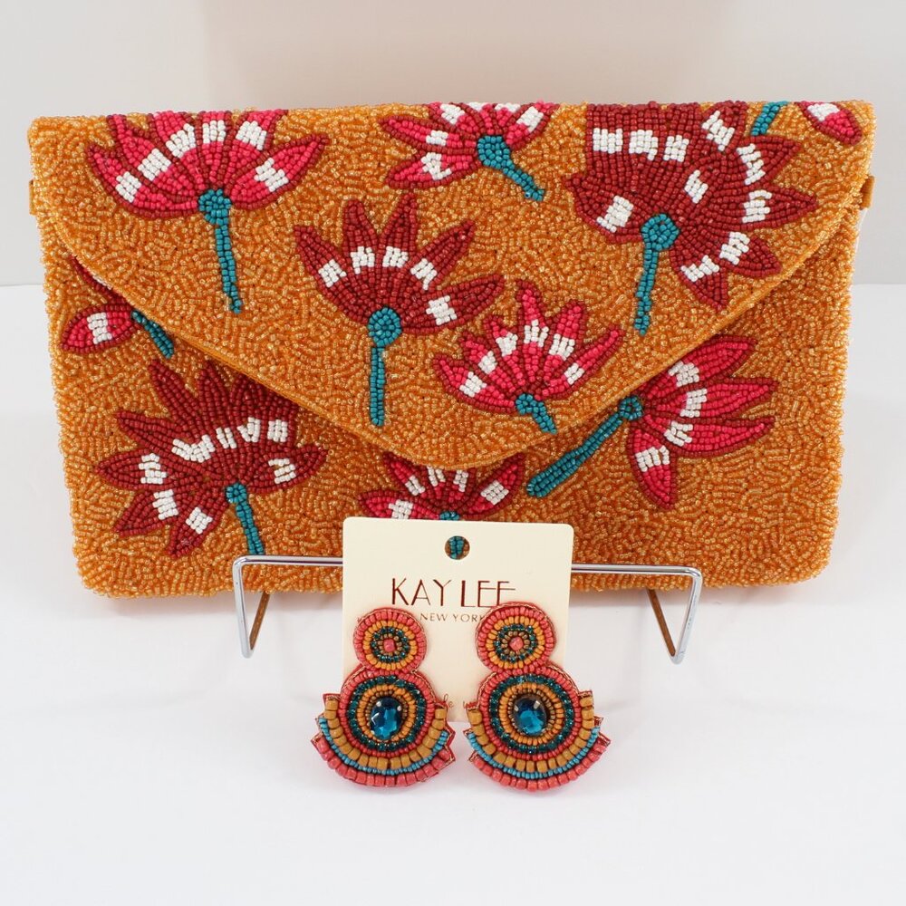 FREE EARRINGS- KAYLEE Floral Beaded Envelope Clutch Crossbody Bag NWT India Made